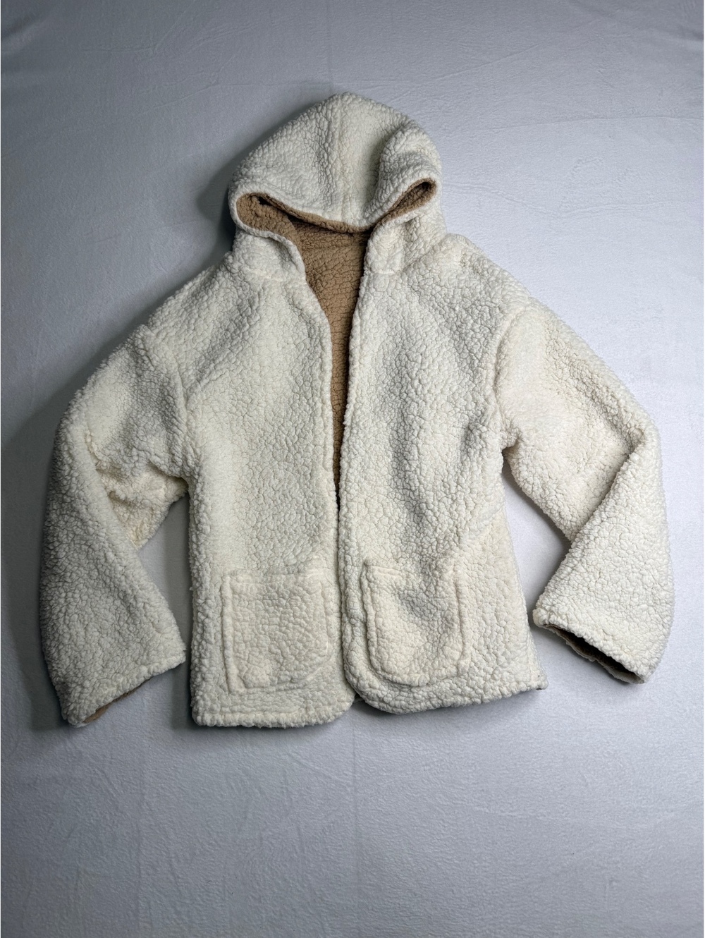 Women’s Reversible Sherpa Hooded Jacket Cream Tan Teddy Fleece Medium